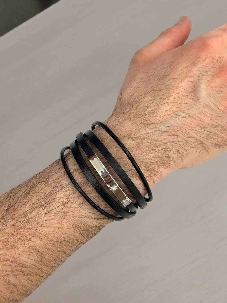 Simple Black and Silver Leather Bracelet