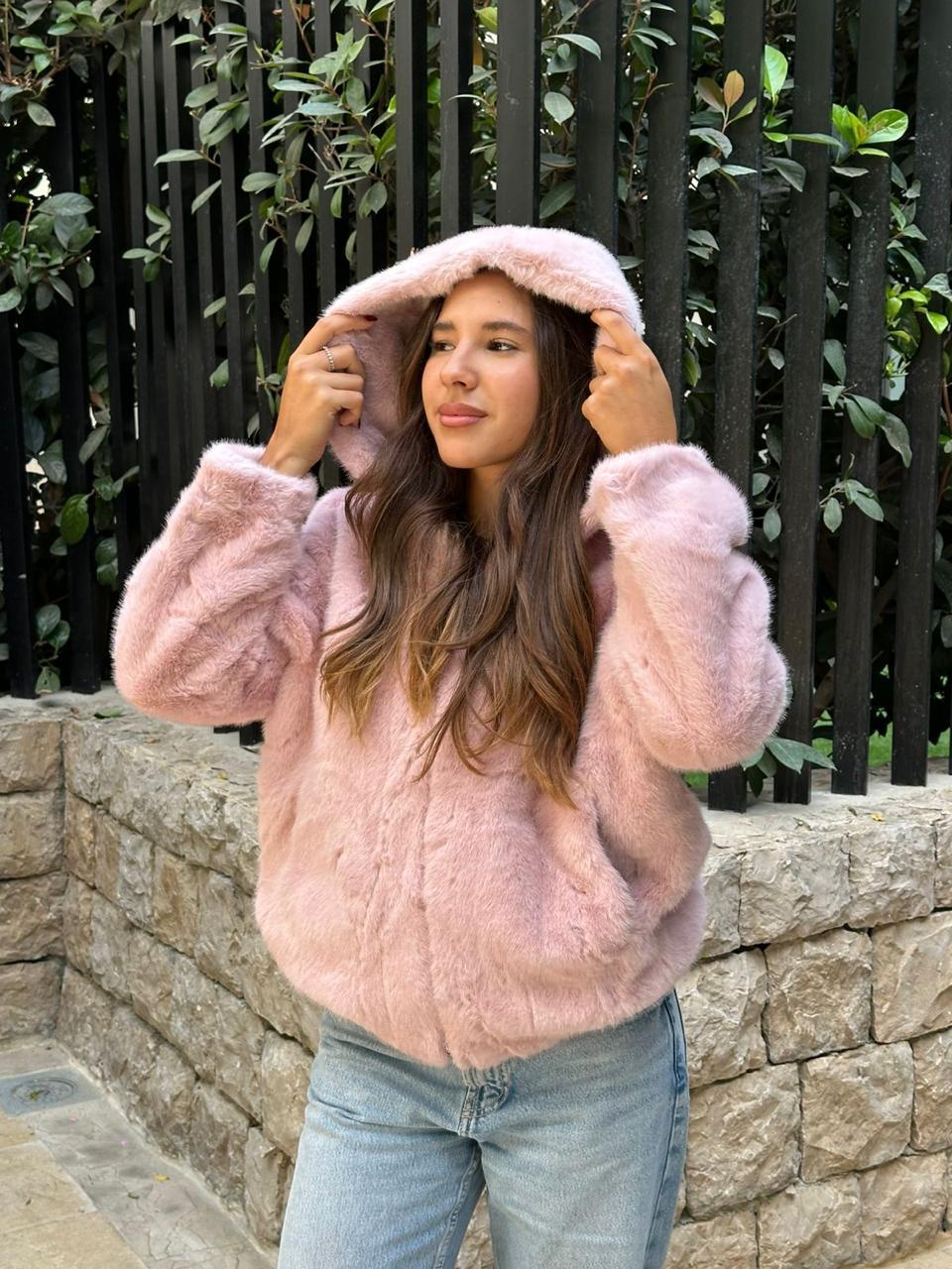 Pink fur jacket with cap