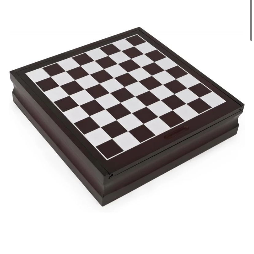 Wooden game cabinet with a checkered top, plinth base and a side storage drawer