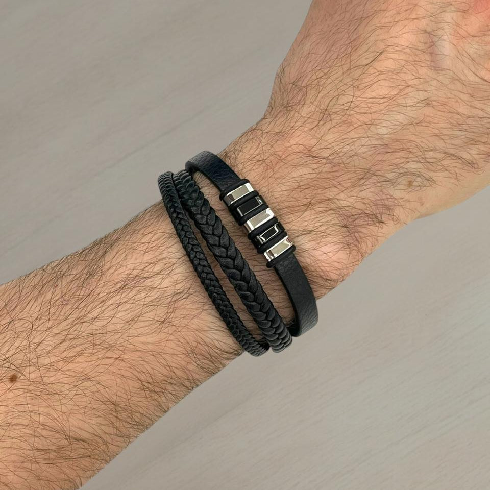 Black Braided Leather Bracelet With Square Beads