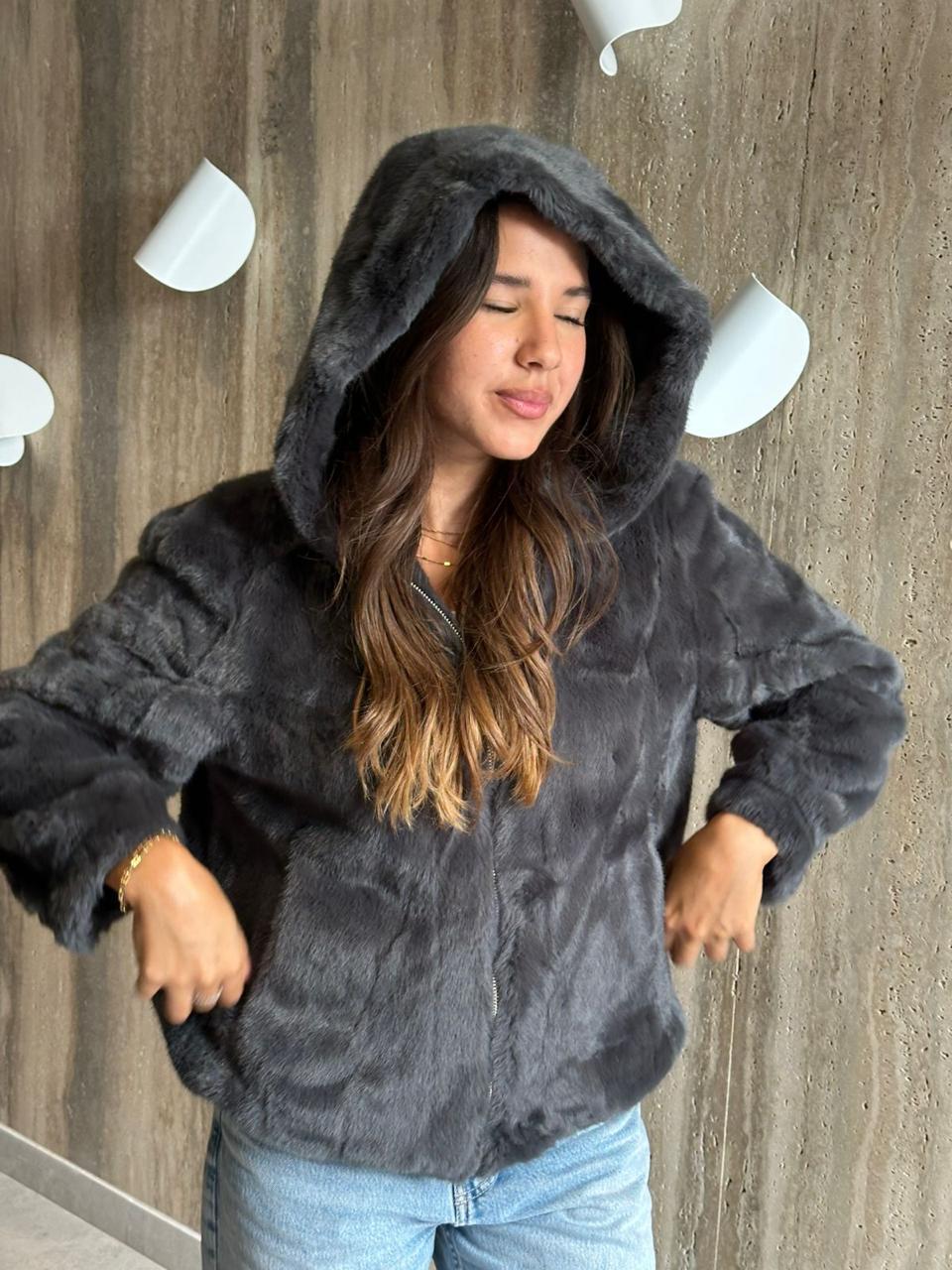 Grey fur jacket with cap