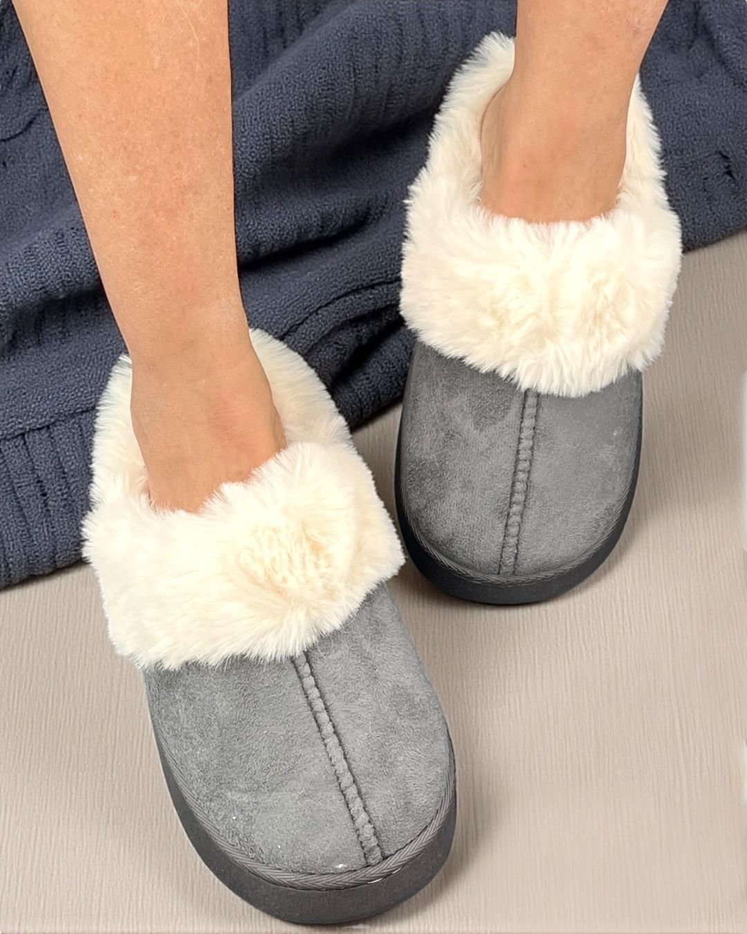 Grey fuzzy slippers