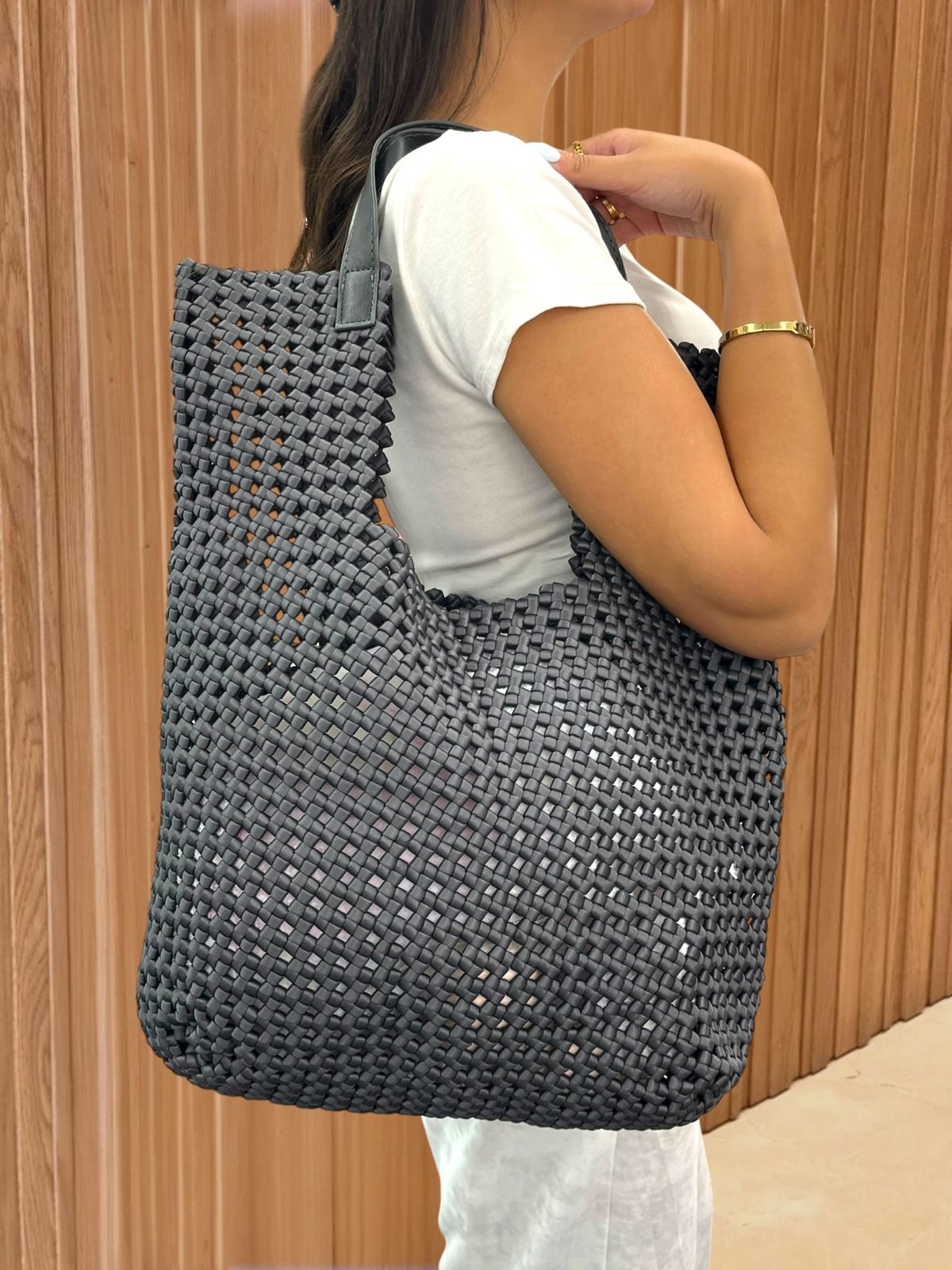 Black Woven Tote Bag Set with Inner Pouch