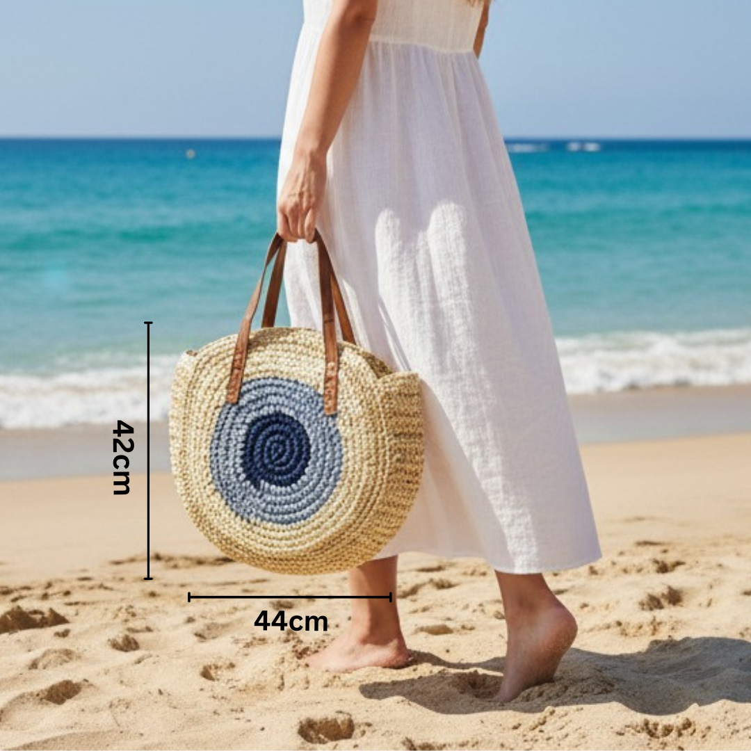 Blue Circular Straw Beach Bag