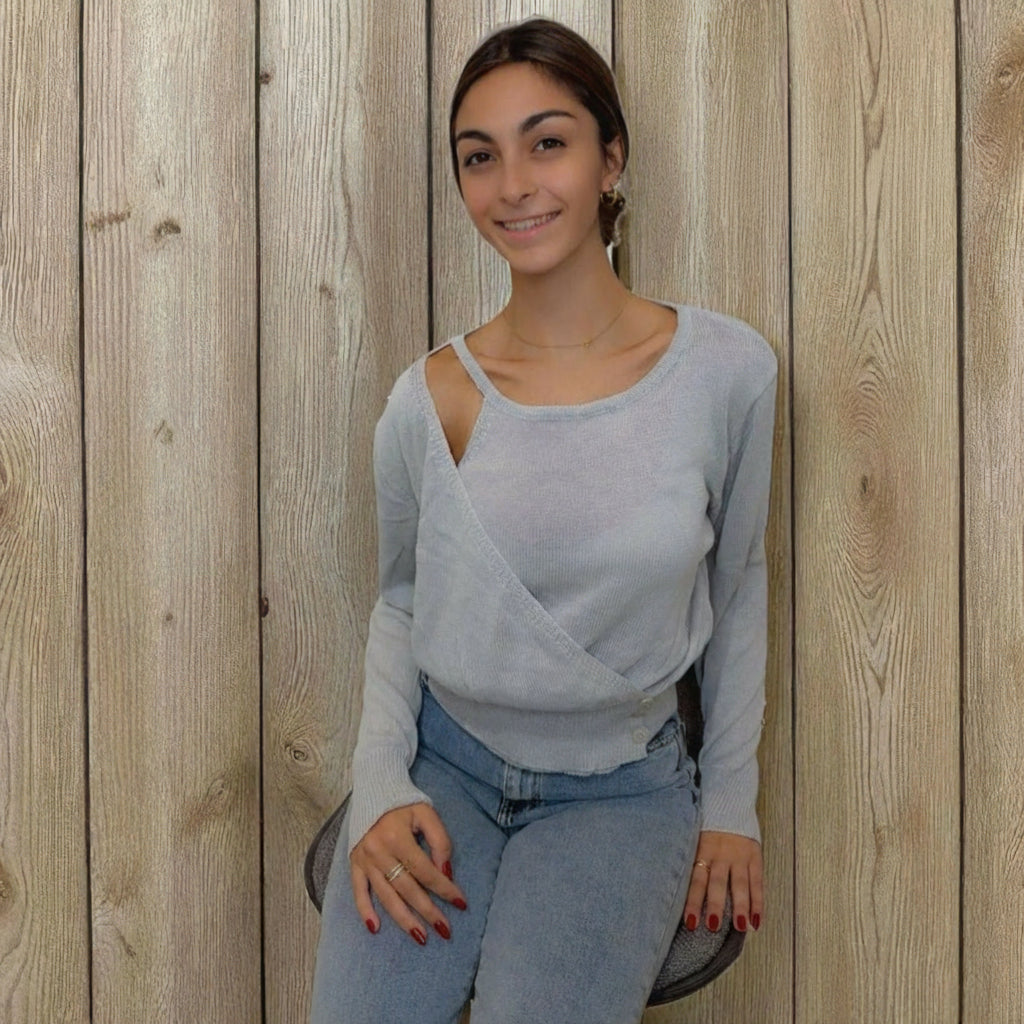 Grey Cut-Out Shoulder Knit Top