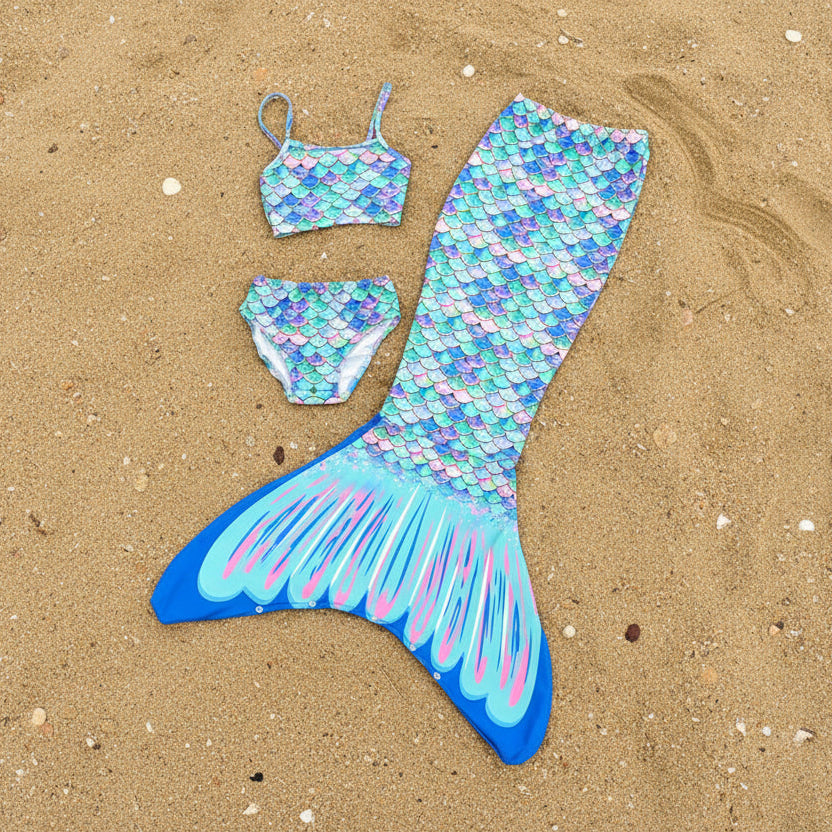 Three piece mermaid swimsuit with tail, top, and bottom flat lay on sand