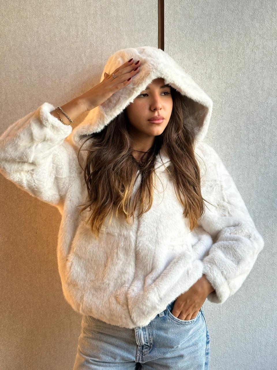 Beige fur jacket with cap