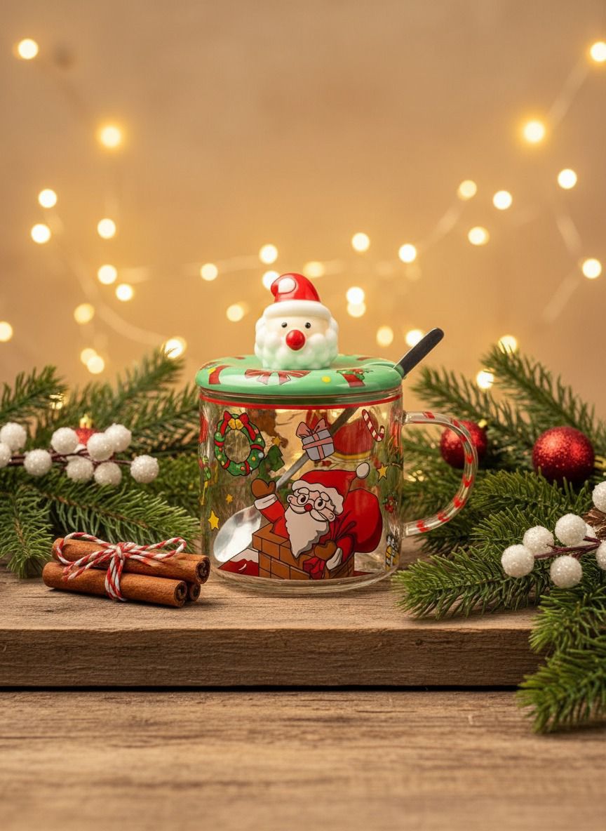 Santa Christmas Glass Mug With Lid & Spoon