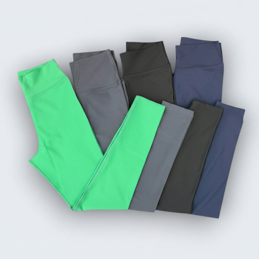 Women's high-waist activewear leggings in green, grey, black, and navy.