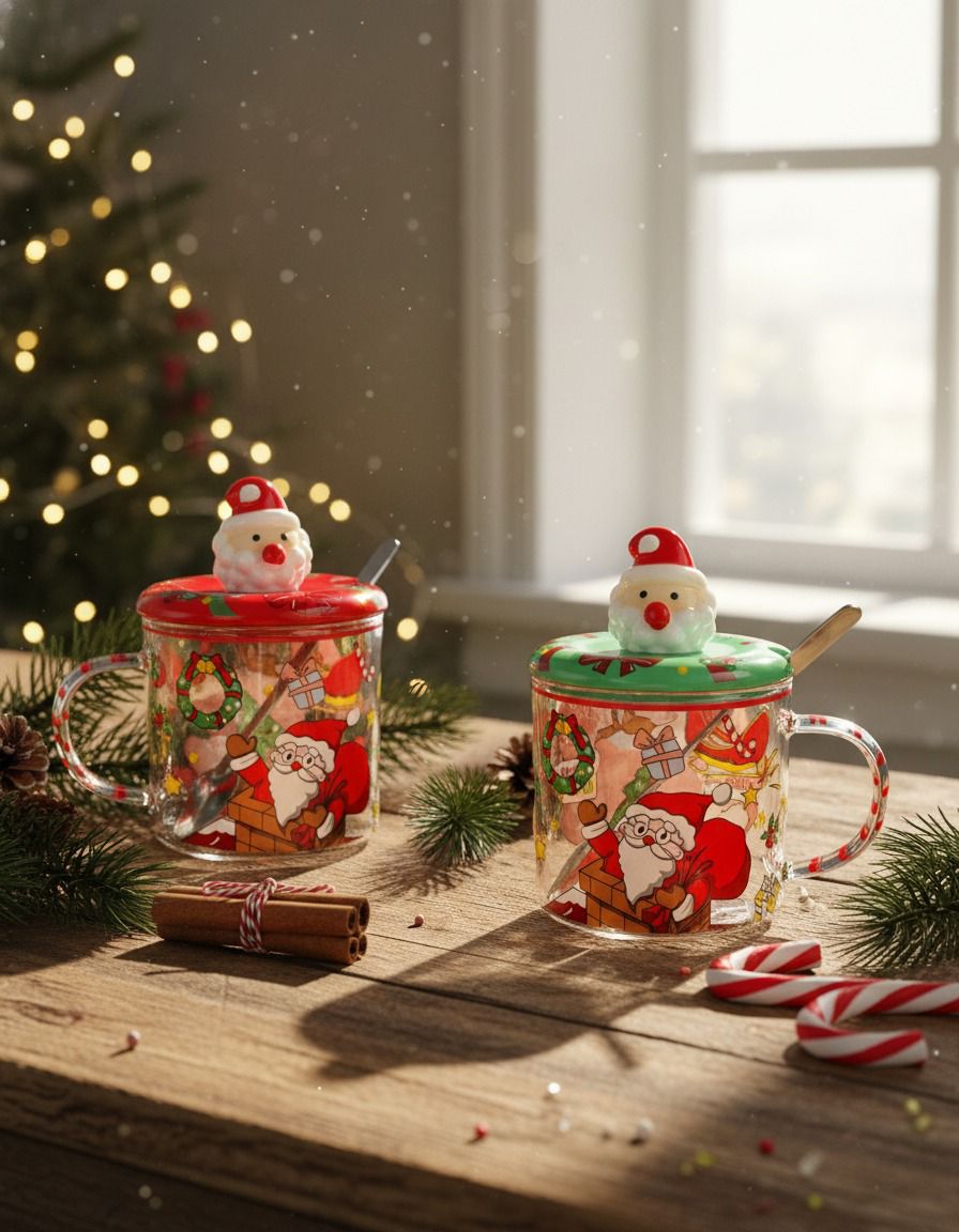 Santa Christmas Glass Mug With Lid & Spoon