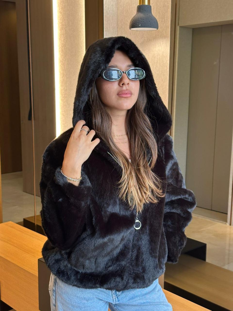 Black fur jacket with cap