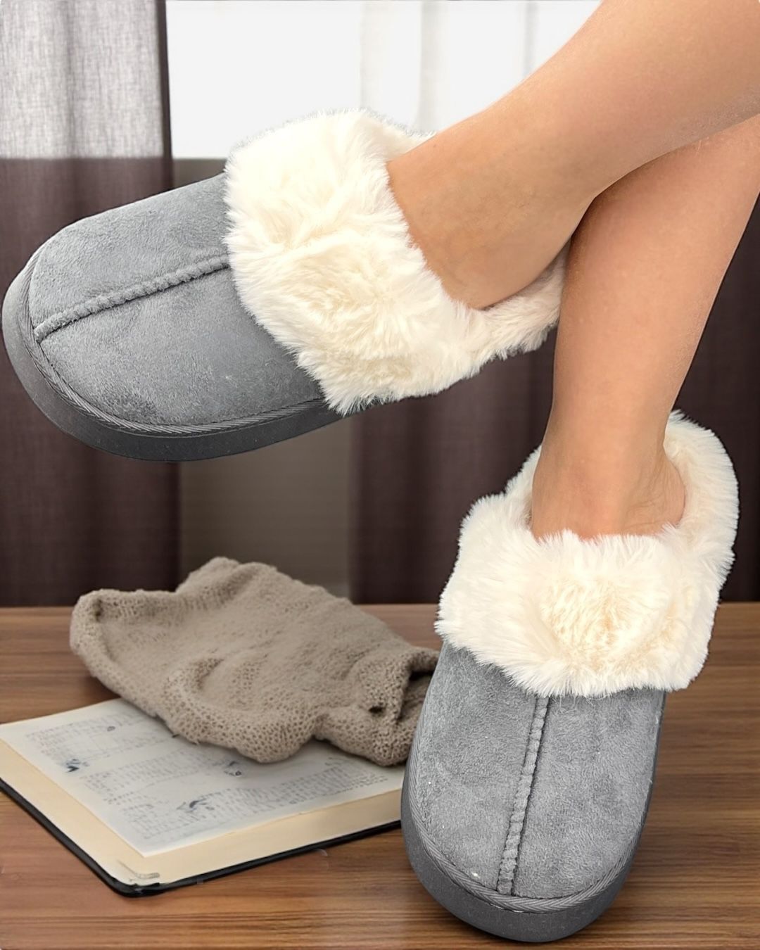 Grey fuzzy slippers