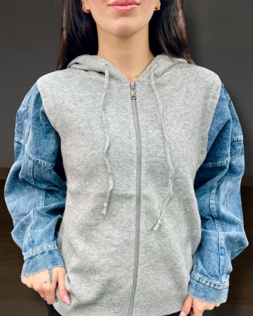 Grey Denim Fusion Zip-Up Hoodie