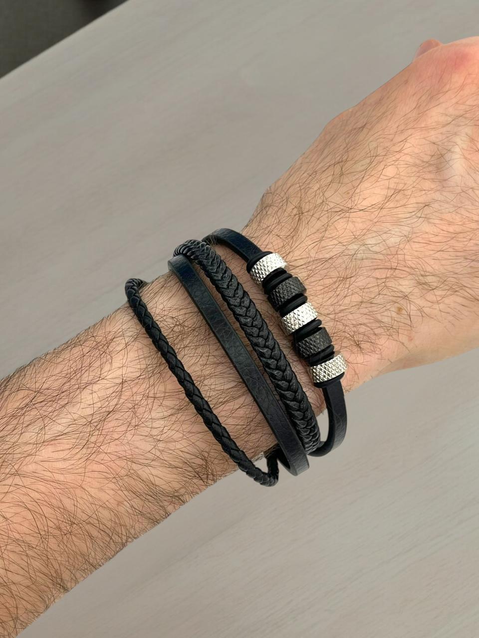 Black Braided Leather Bracelet With Metal Beads