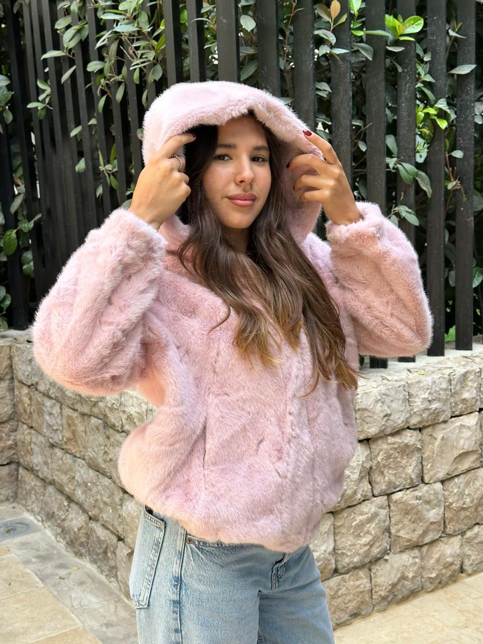 Pink fur jacket with cap