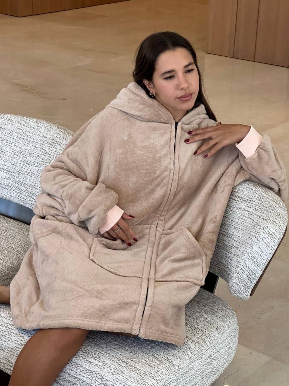 Beige hooded blanket w zipper