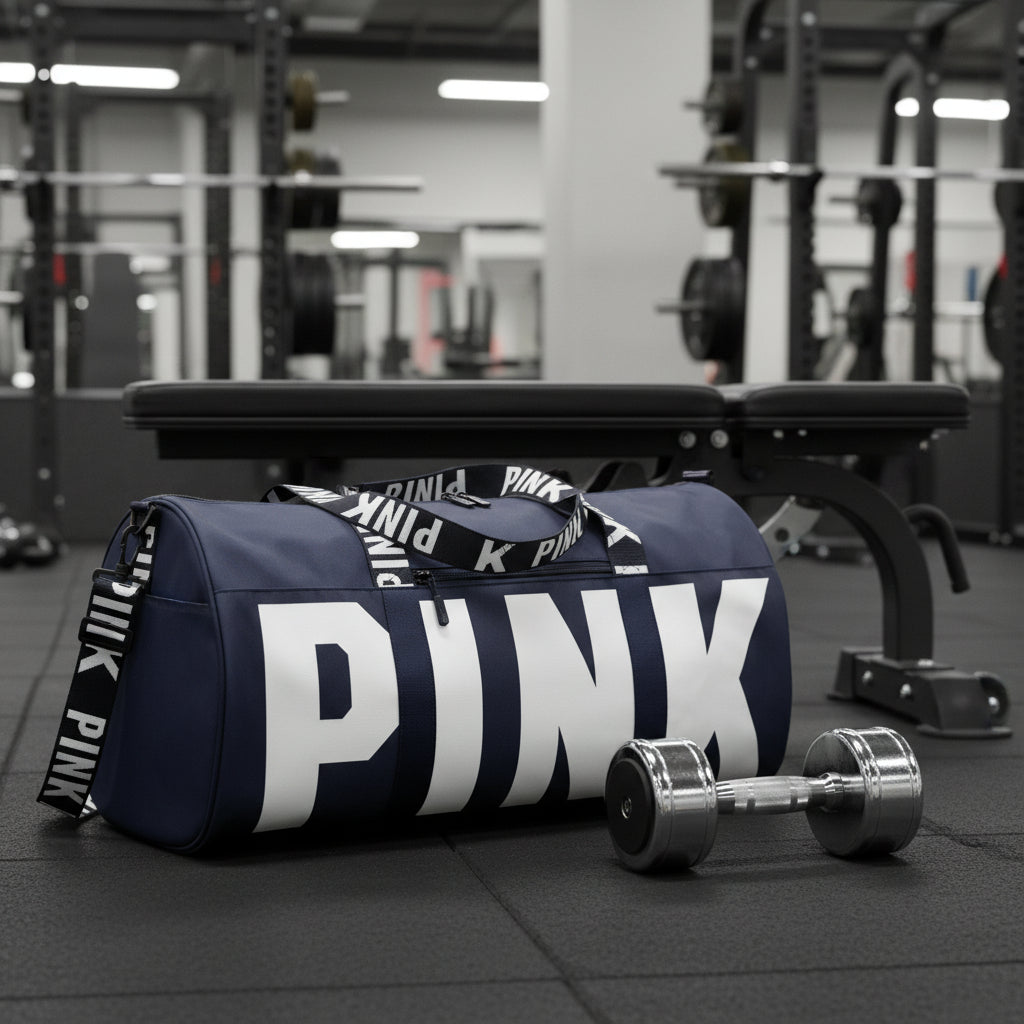 Blue duffel bag with 'PINK' branding on a gray background