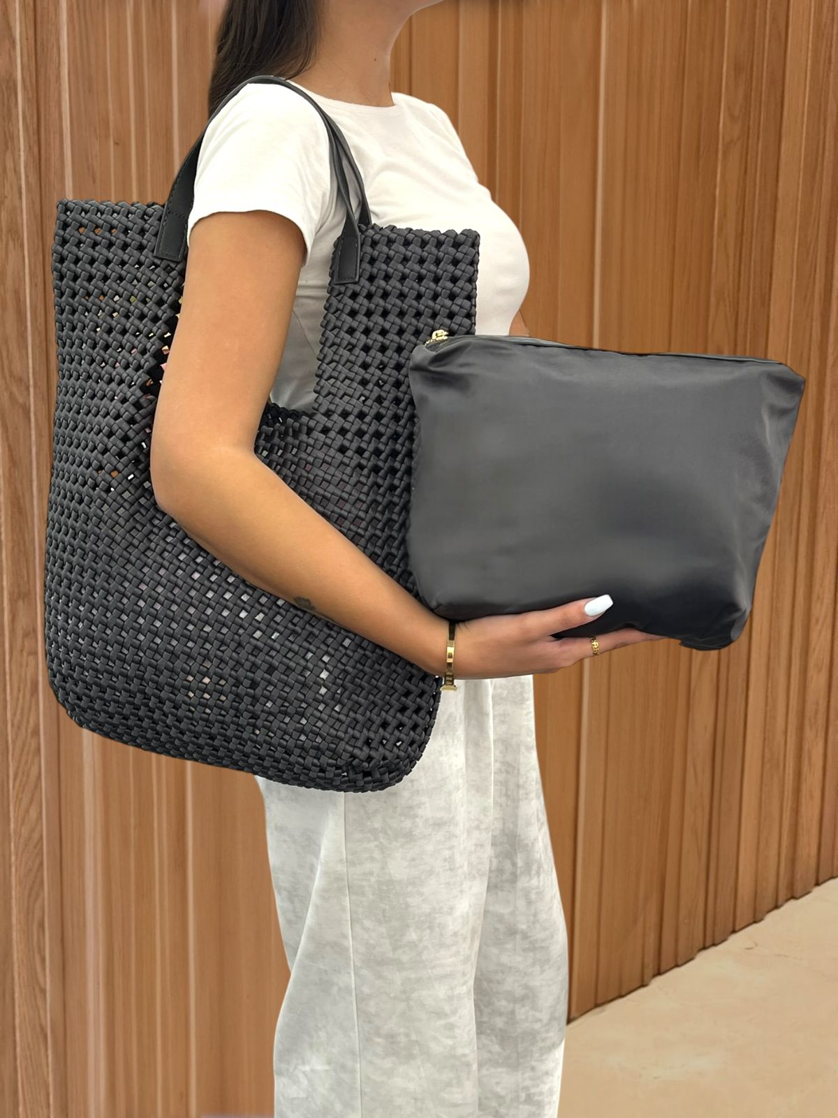 Black Woven Tote Bag Set with Inner Pouch