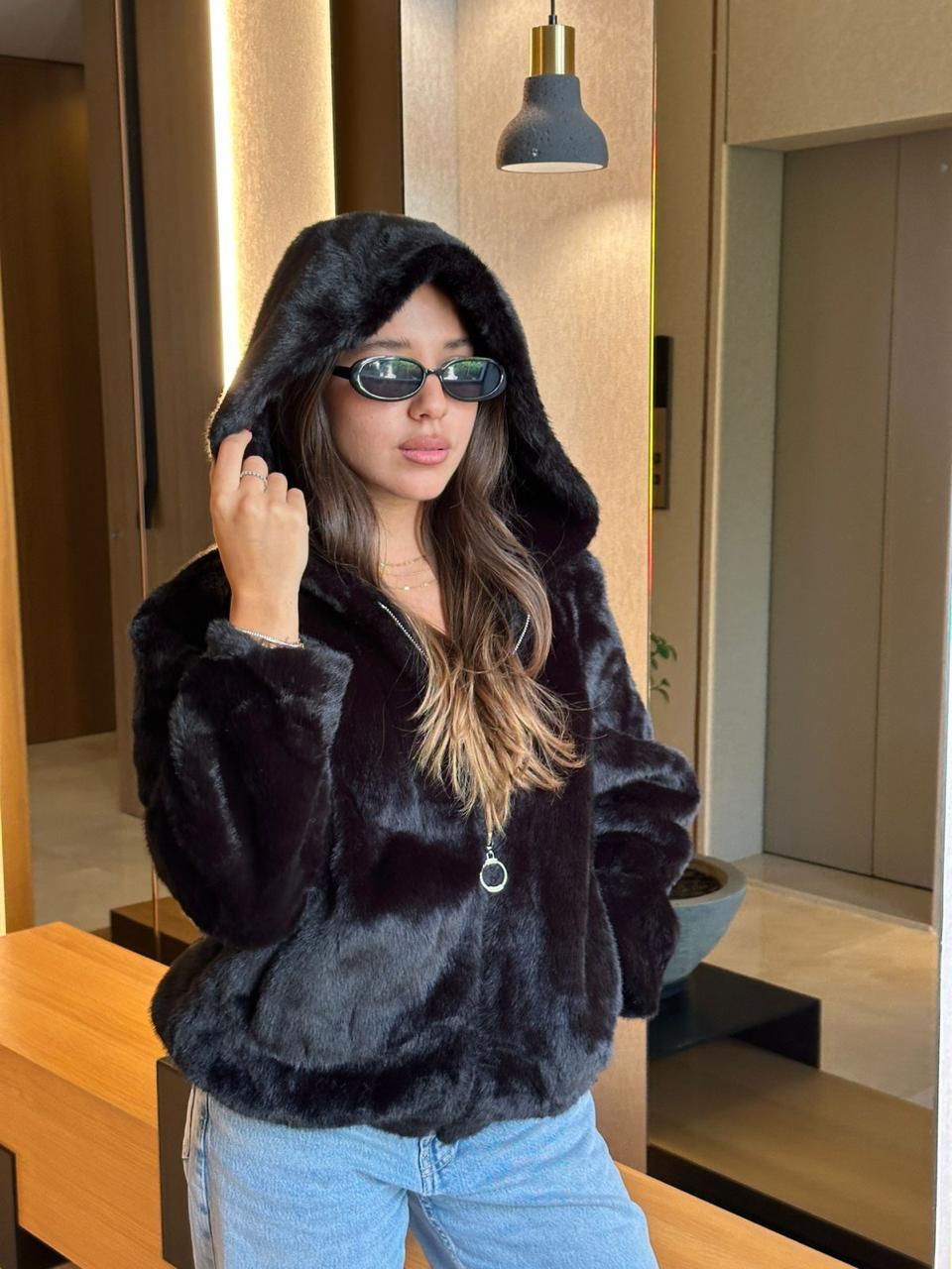 Black fur jacket with cap