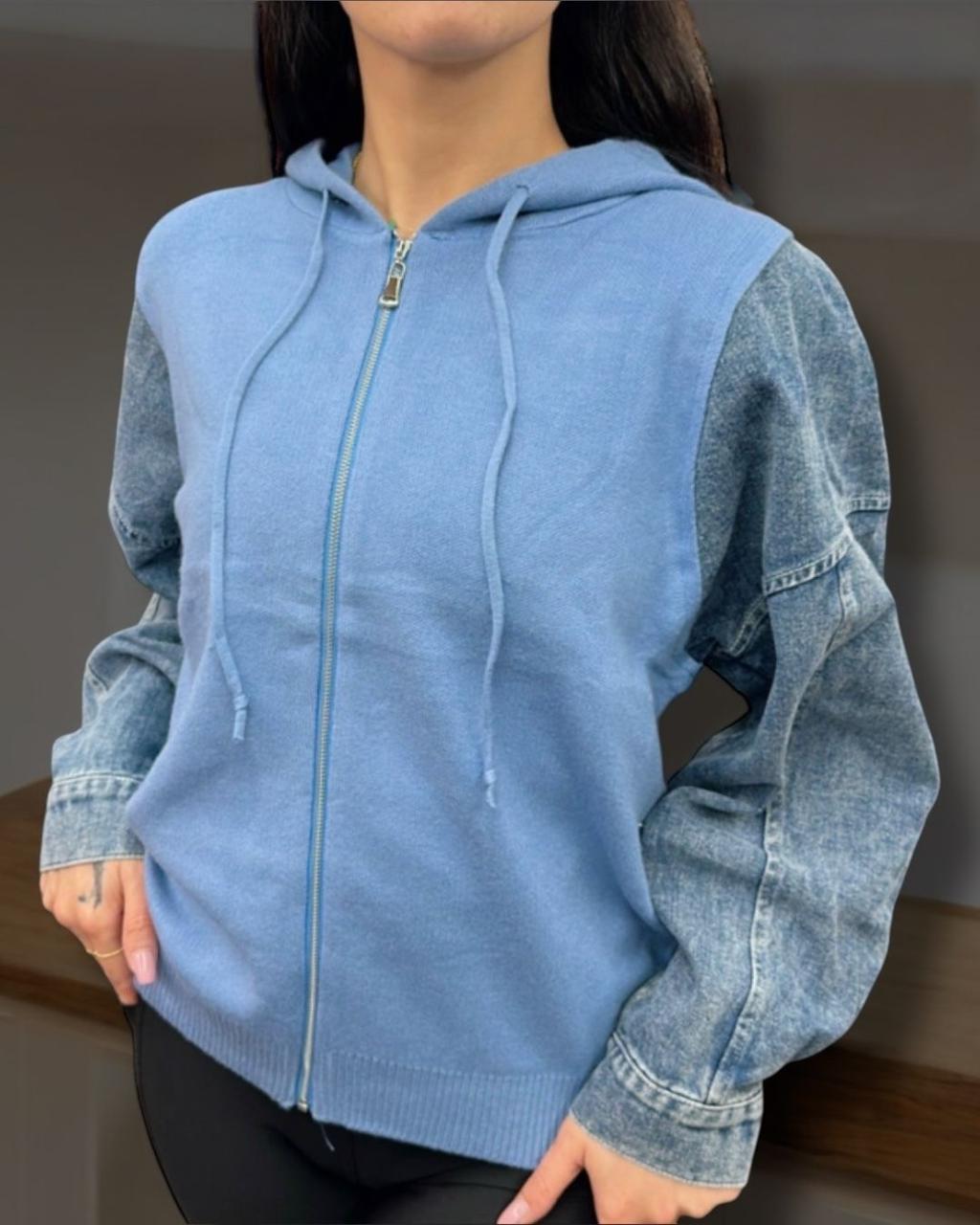 Blue Denim Fusion Zip-Up Hoodie