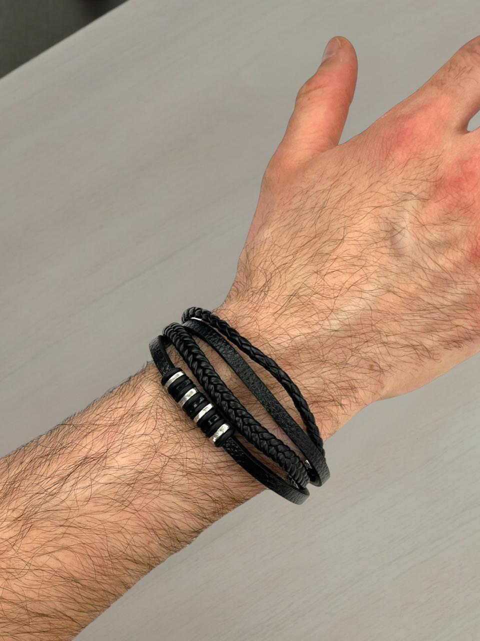 Braided Leather Bracelet with Silver Beads