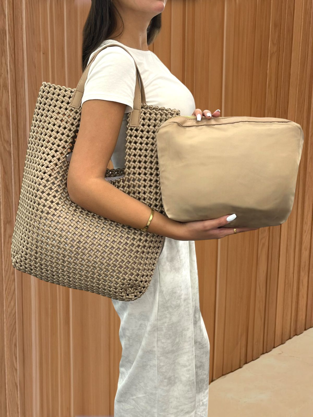 Beige Woven Tote Bag Set with Inner Pouch