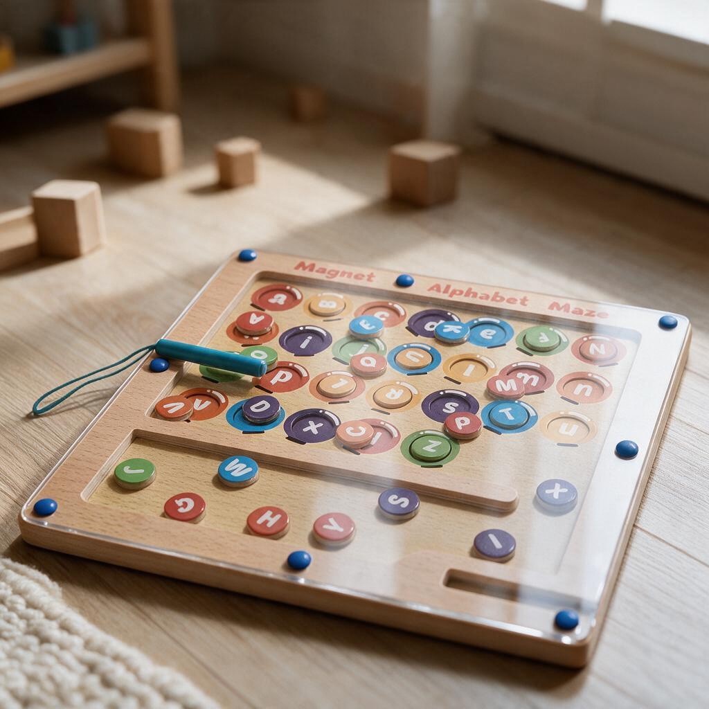 Wooden alphabet magnetic maze with round coloured letter discs and a blue magnetic pen
