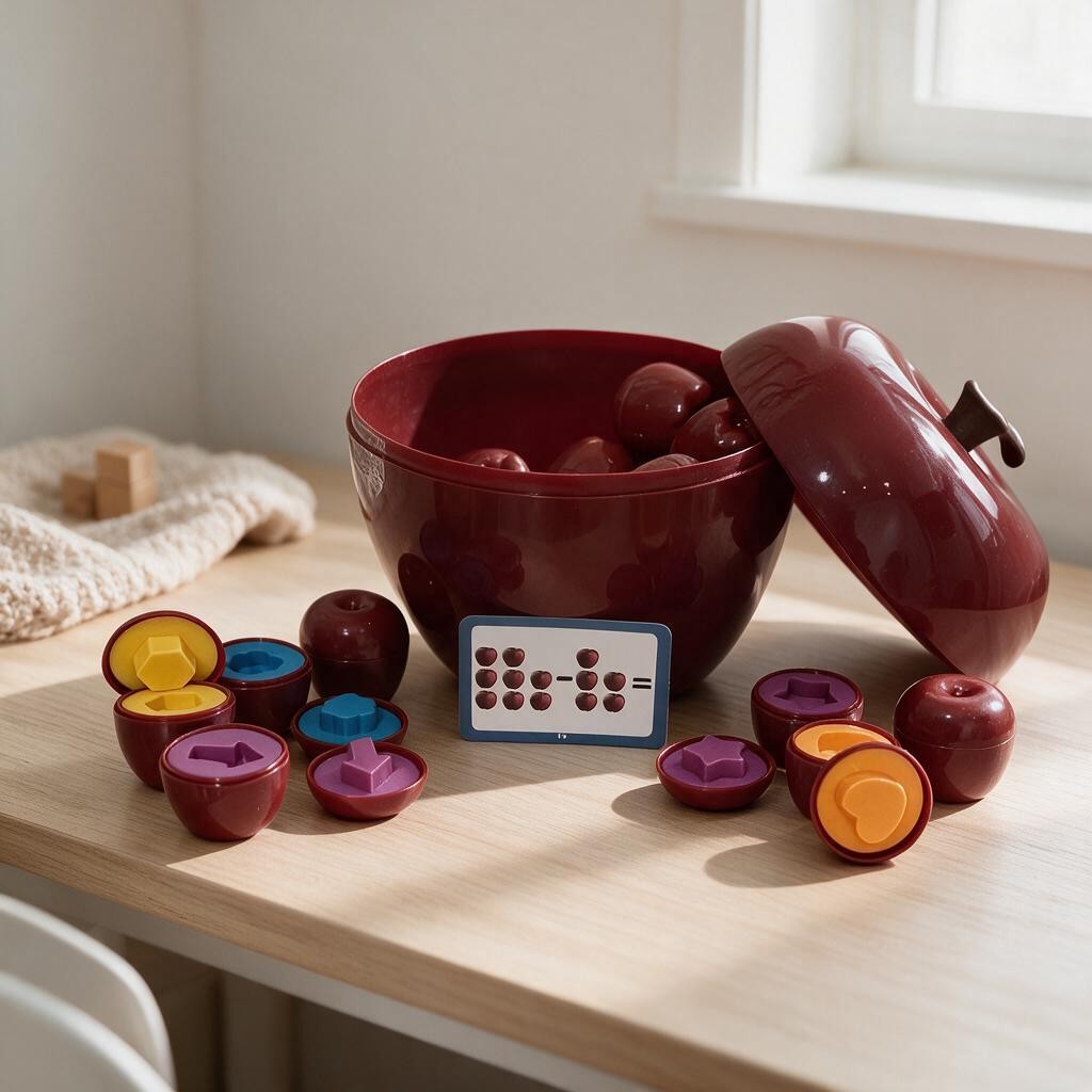 Red apple case opened to show mini apples with colourful shape sorter pieces and a counting card