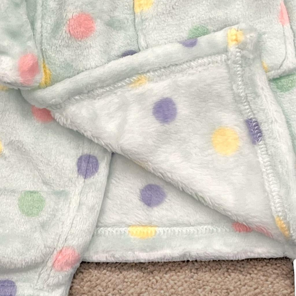 Close up of pastel dots and stitched hem on the soft mint fleece robe