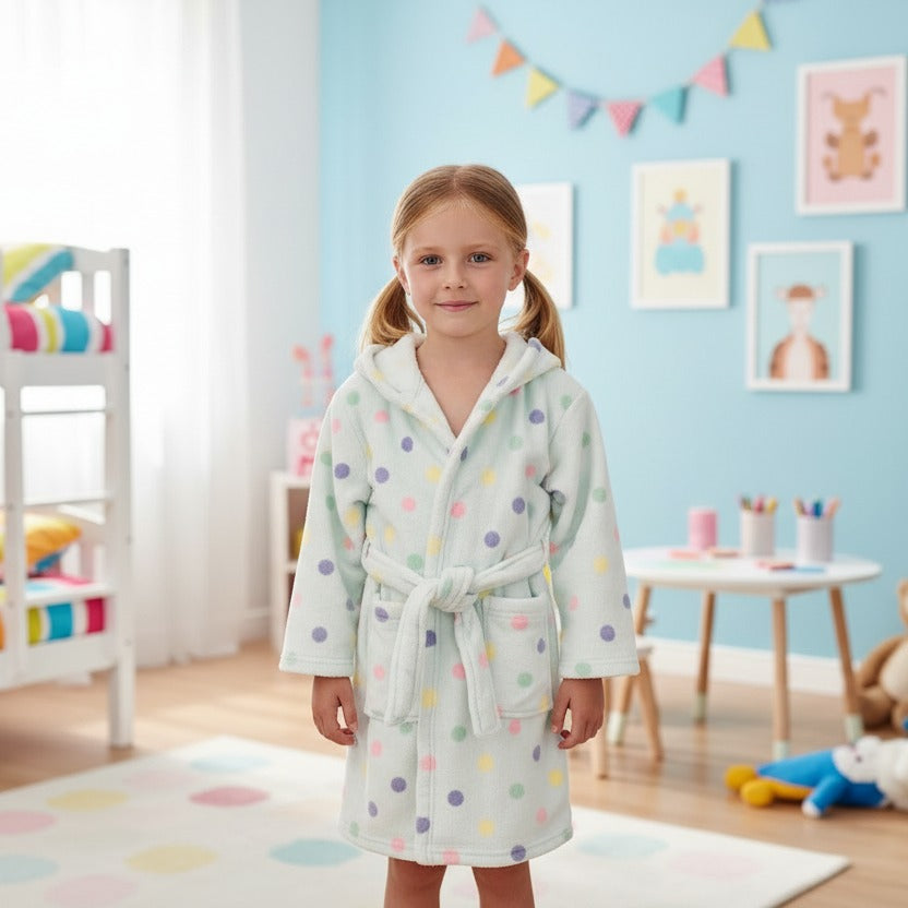 Girl wearing a mint polka dot hooded kids robe