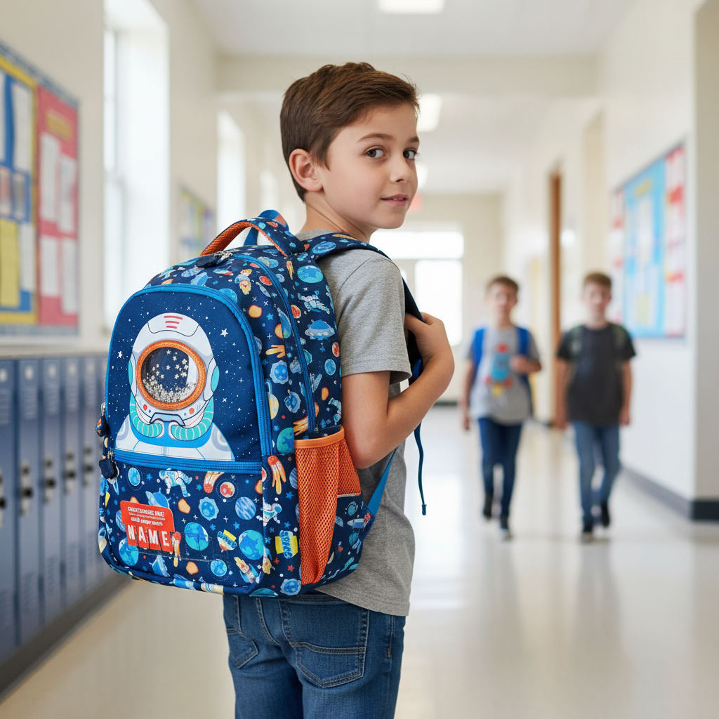 Boys navy astronaut space print school backpack with glitter helmet pocket