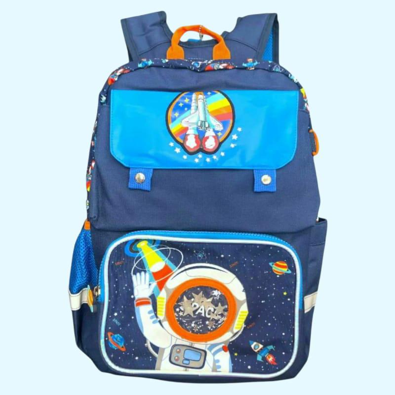 Light blue flap with space shuttle rainbow patch on a navy kids school backpack