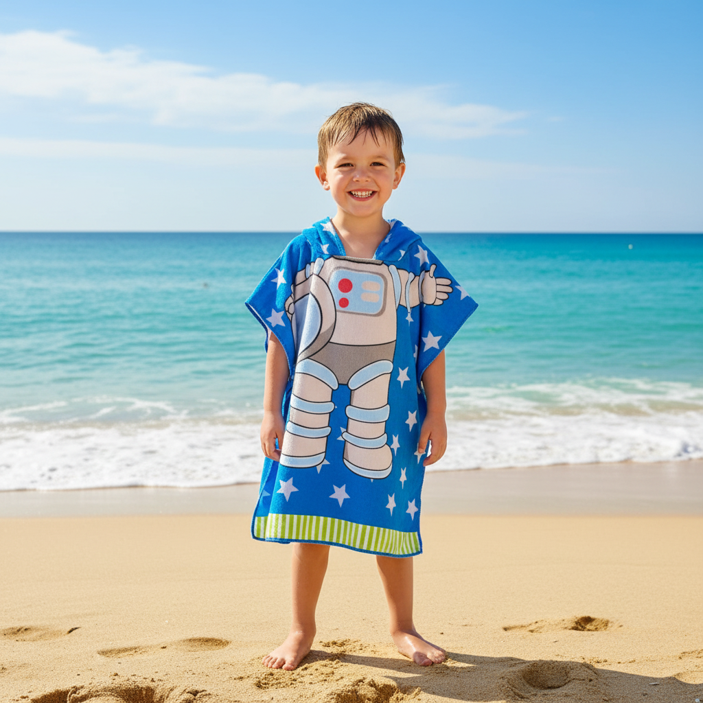 Boy wearing a blue astronaut poncho towel with white stars and a spacesuit print