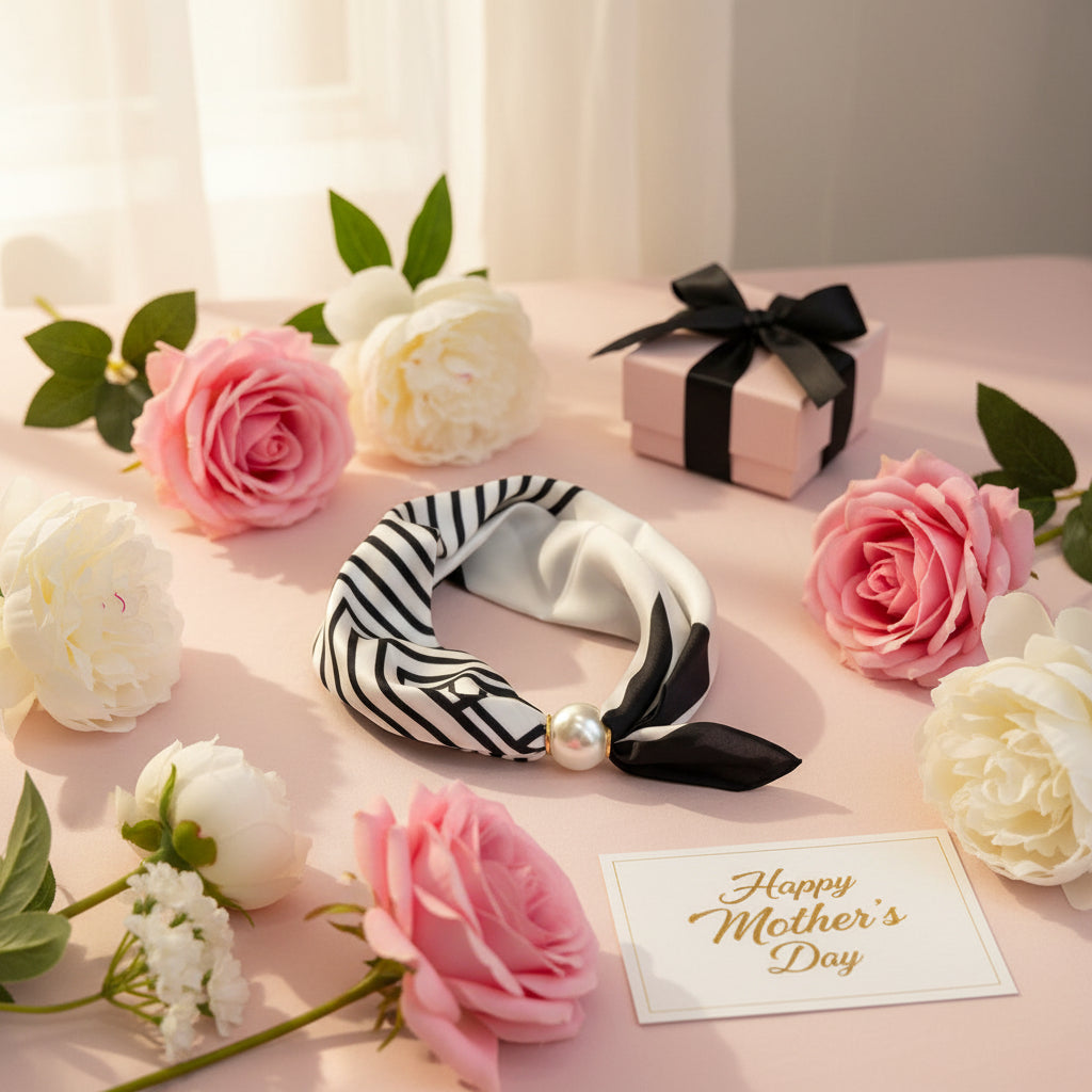 Black and white striped foulard with pearls surrounded by pink and white roses on a 'Happy Mother's Day' card