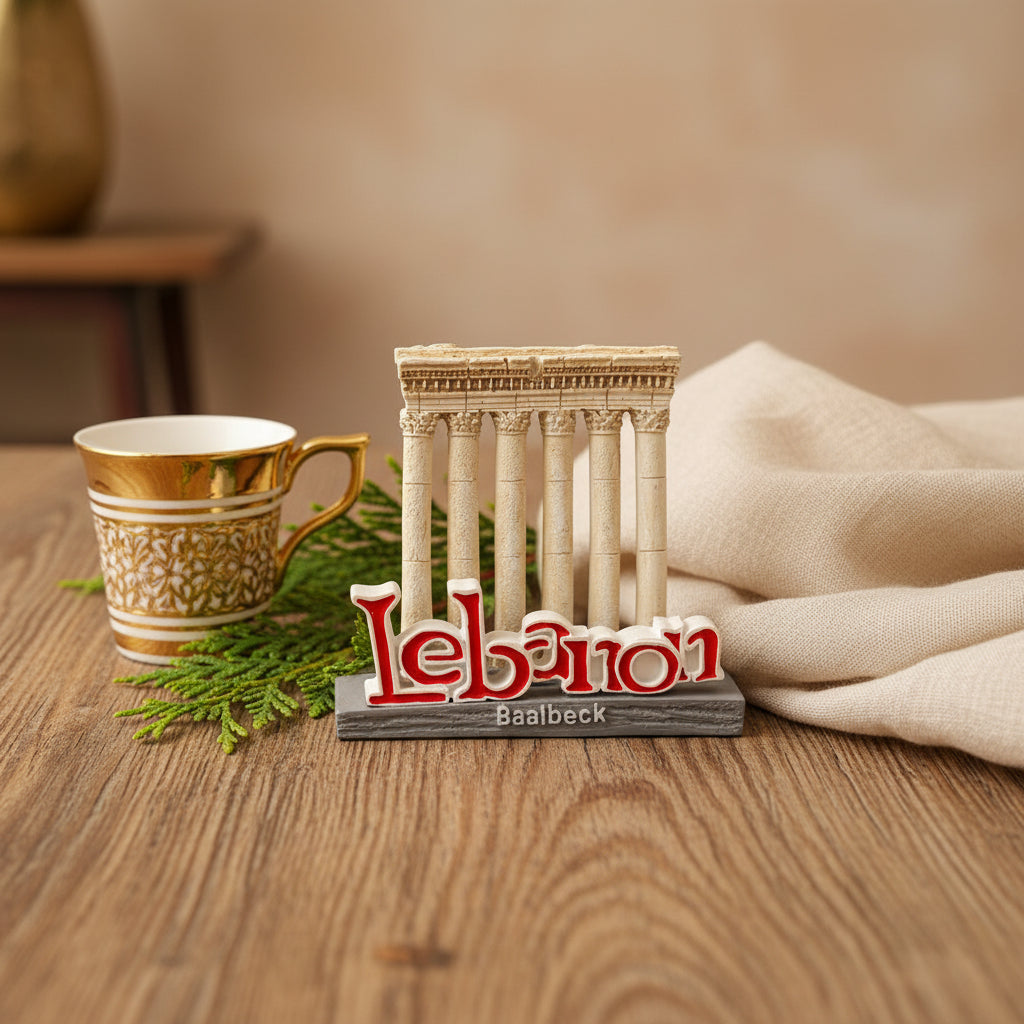 Standing souvenir with the Baalbeck temple columns in cream stone behind a red Lebanon