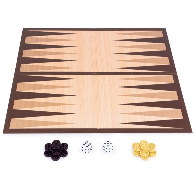 Backgammon board open flat with black and yellow checkers and two dice laid out below