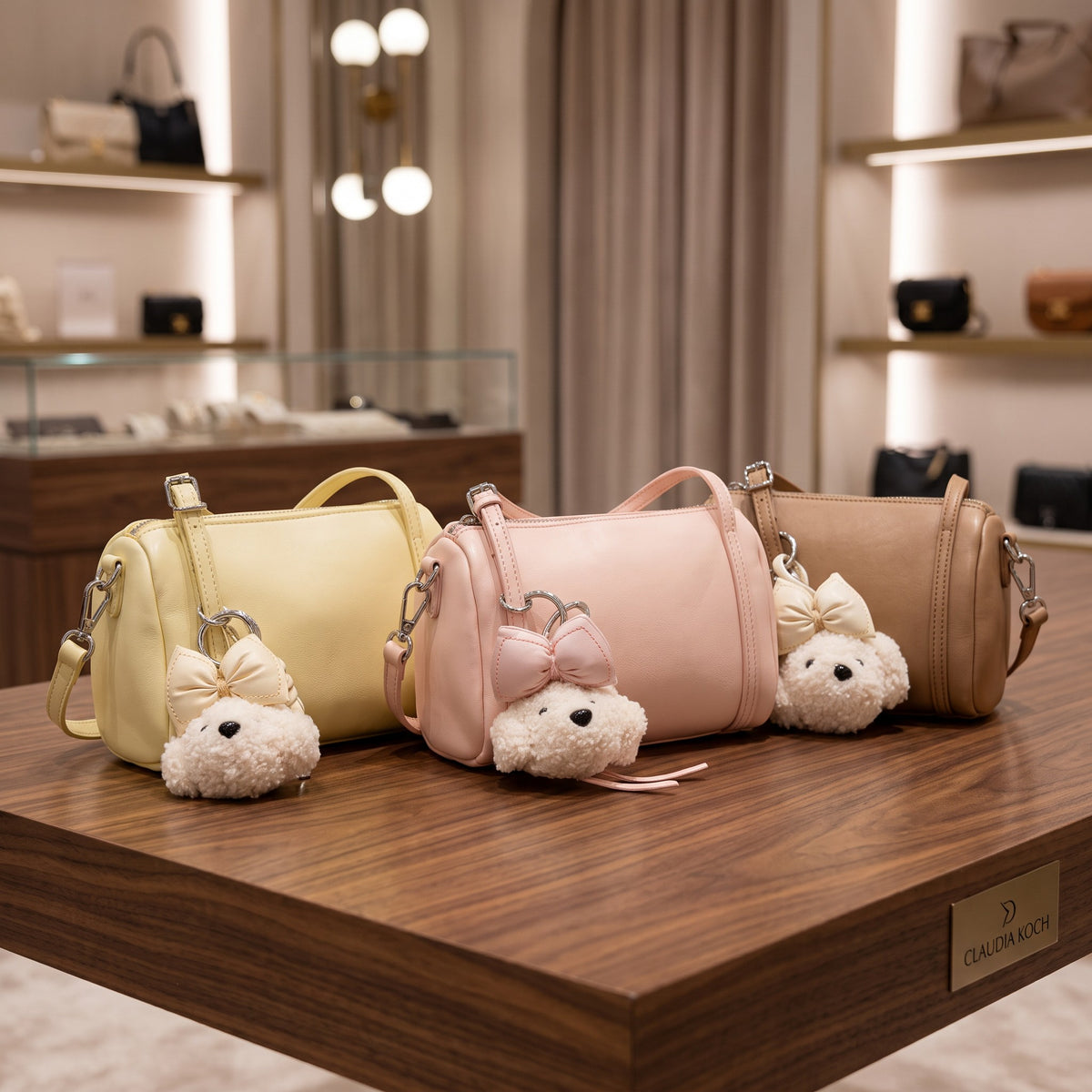 Pastel yellow, pink and camel barrel crossbody bags with fluffy teddy bear charms
