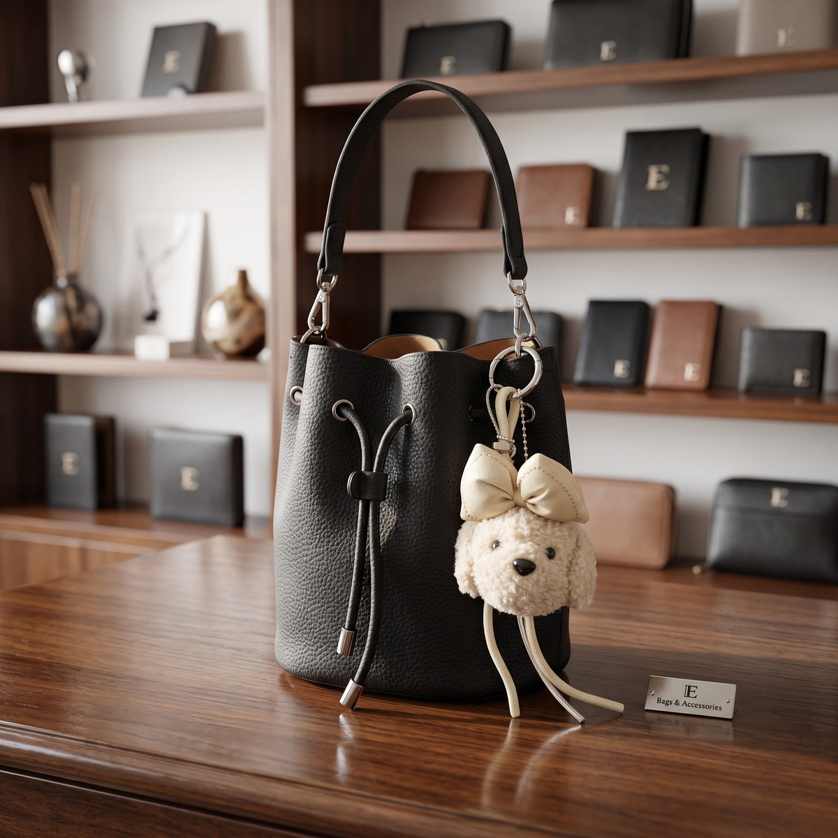 Black drawstring bucket bag with silver tips and a bear charm