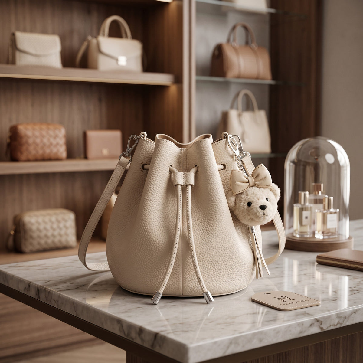Cream drawstring bucket bag with a clip on strap and bear charm
