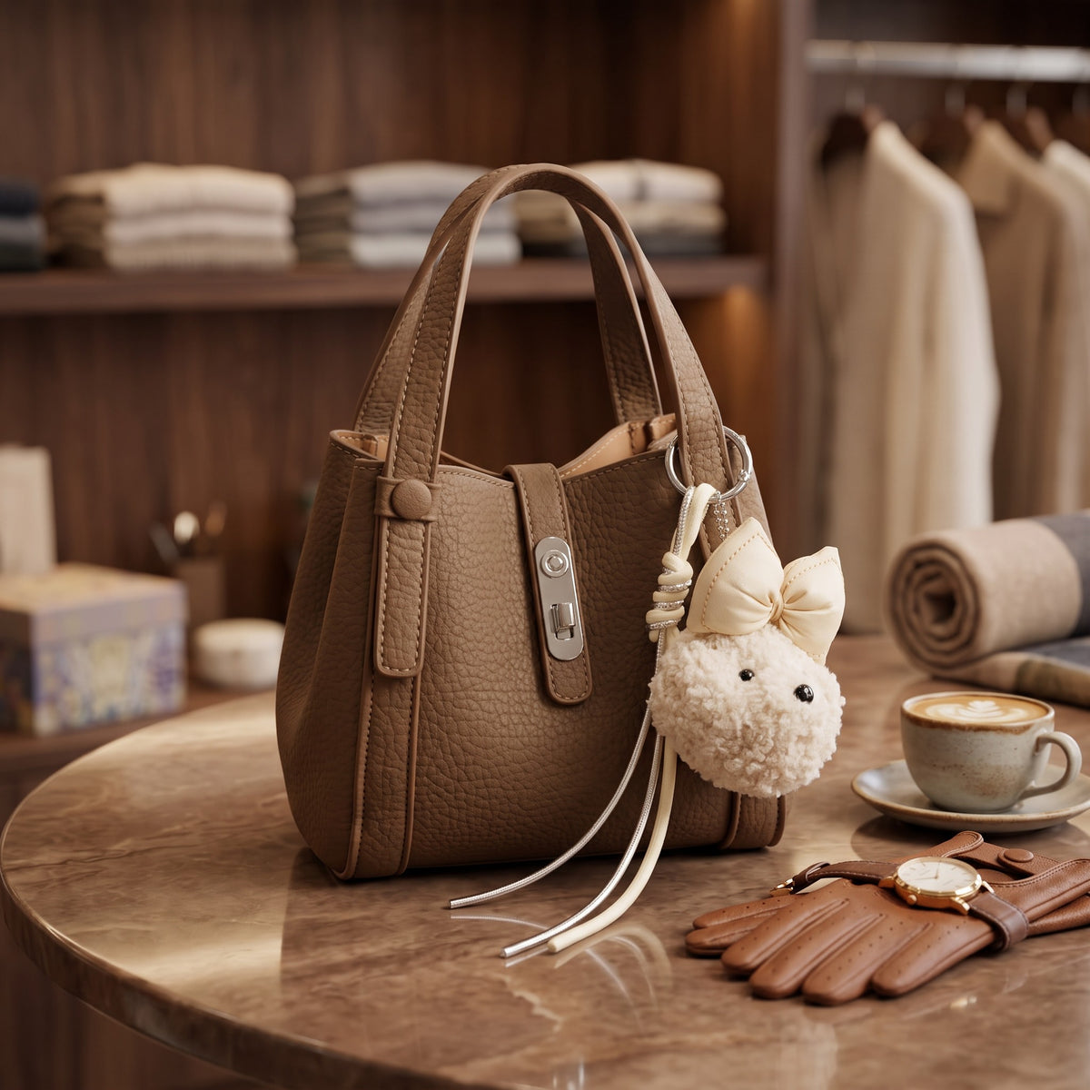 Taupe pebbled handbag with a silver twist lock and bear charm