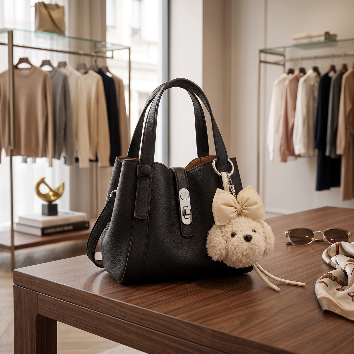 Black pebbled handbag with a silver twist lock and teddy bear charm