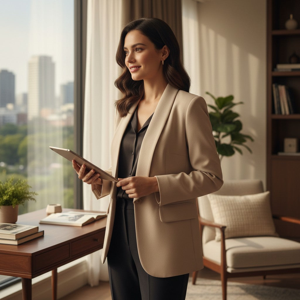 Woman in a beige blazer holding a tablet in a modern office setting