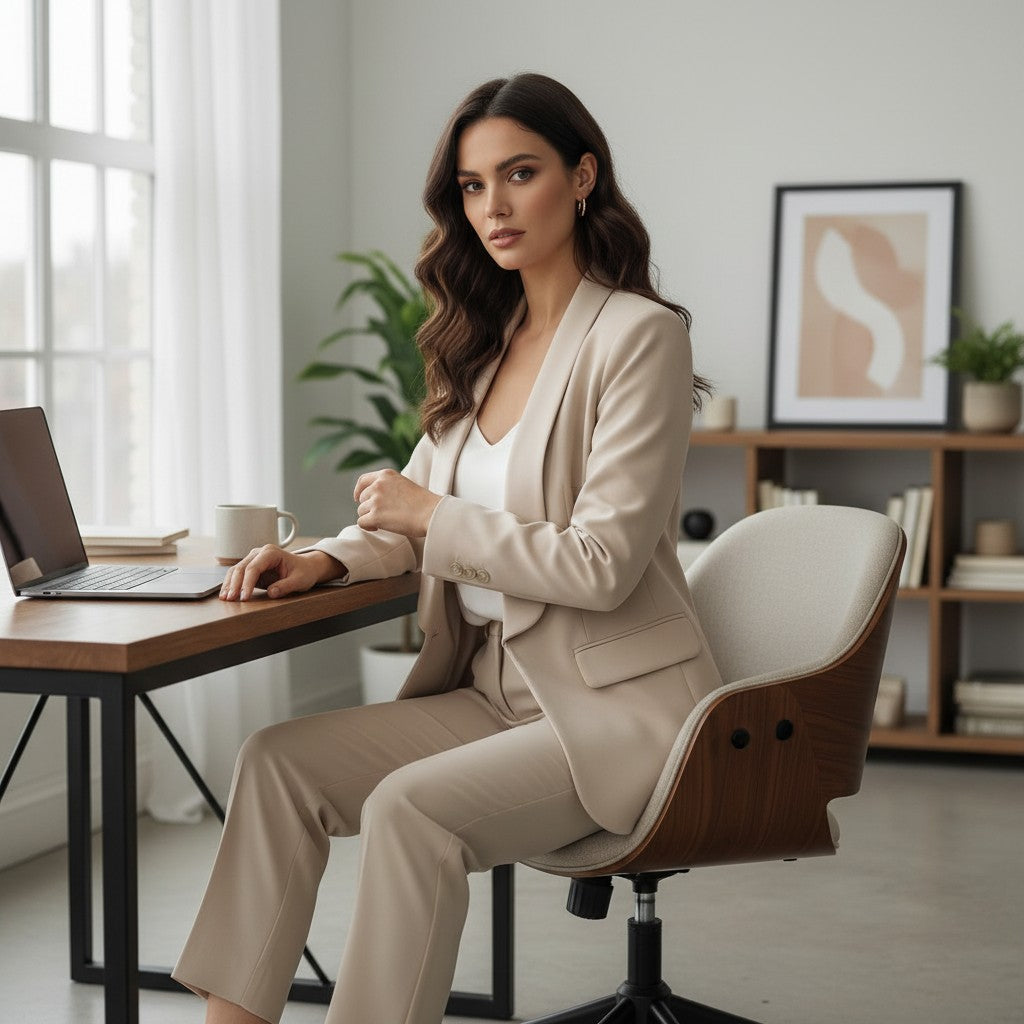 Woman in a beige blazer and pants sitting at a desk in a modern office setting