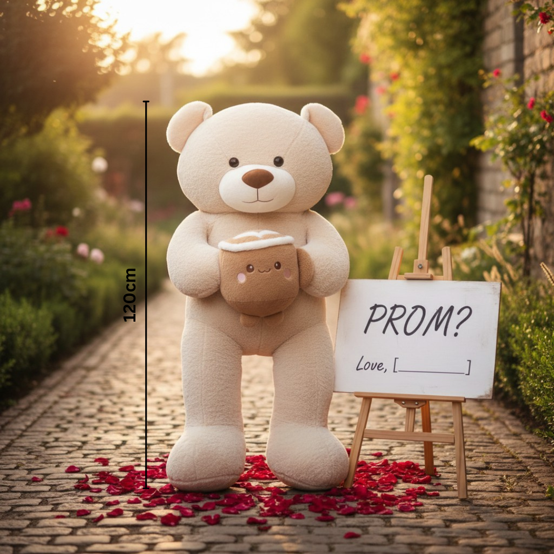 Beige smooth pile teddy bear standing with a kawaii latte cup plush in its arms