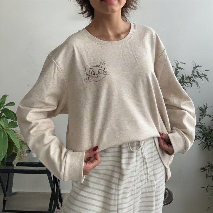 Beige cat print sweatshirt top with striped pyjama trousers
