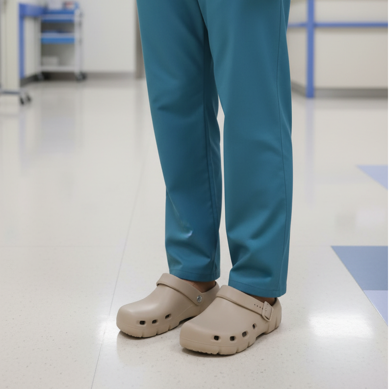 Person wearing blue scrubs and beige clogs on a hospital floor