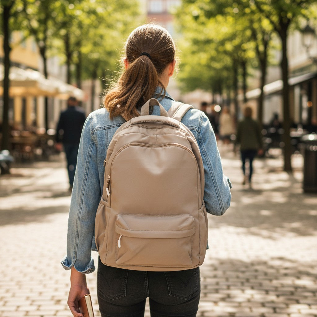 Girl wearing a plain beige everyday backpack, Jack Gifts Online Lebanon