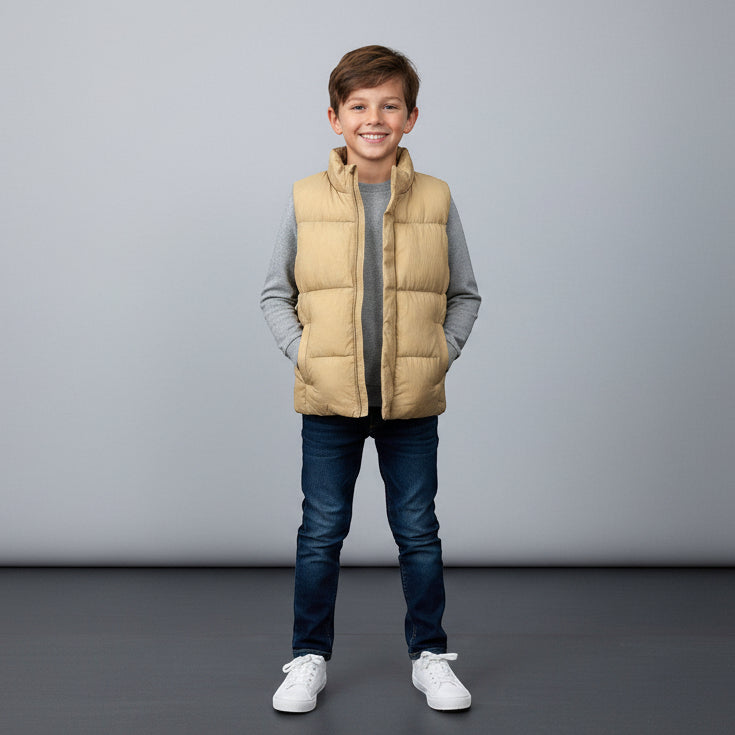 Boy wearing a beige sleeveless puffer vest over a grey long sleeve top with dark jeans