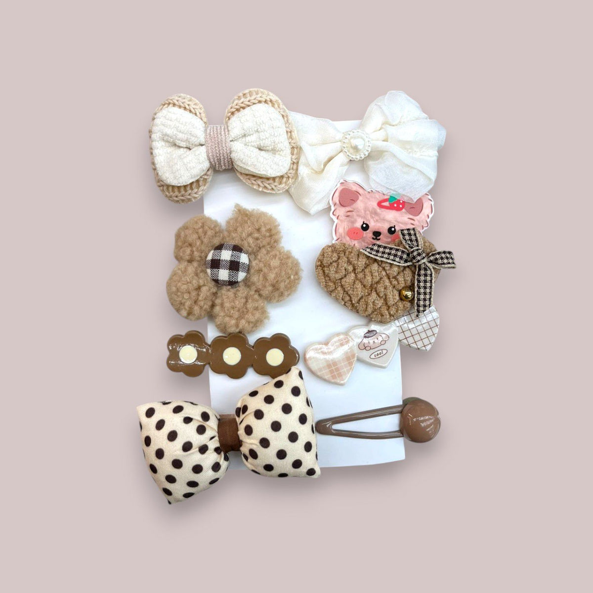 Beige and cream girls hair clip set with lace bow, boucle flower, polka dot bow and pink cartoon tiger clip