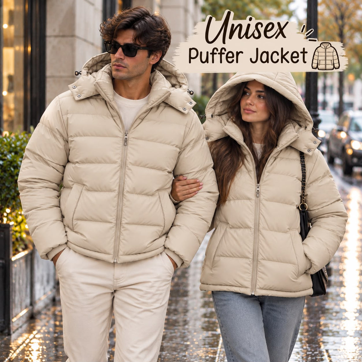 Couple walking arm in arm on a rainy street in matching beige hooded puffer jackets